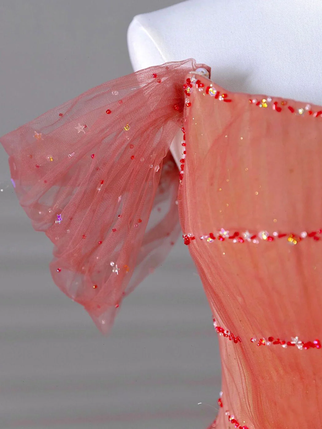 Sweet A Line Off The Shoulder Dark Peach Beading Tulle Long Prom Dress,Evening Dress GG300