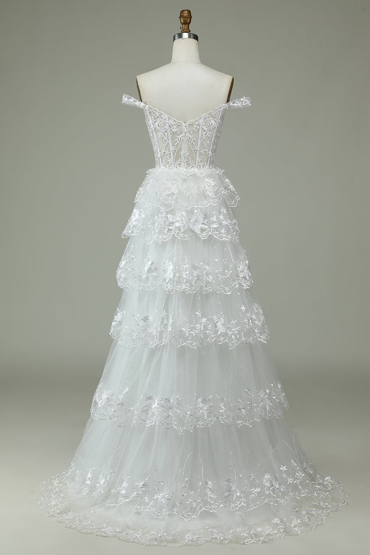 Dreamy A Line Off The Shoulder White Tulle Lace Tiered Long Wedding Dress GG3010
