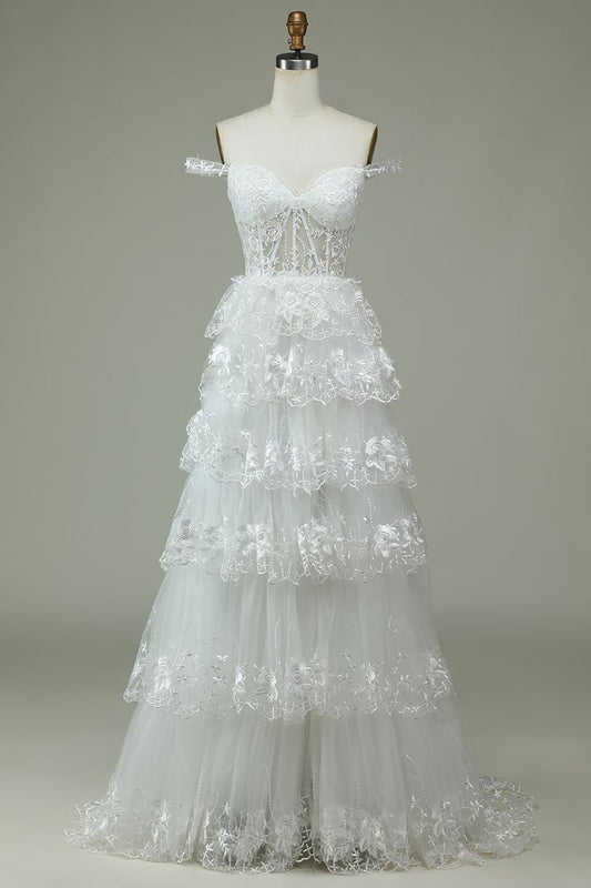 Dreamy A Line Off The Shoulder White Tulle Lace Tiered Long Wedding Dress GG3010