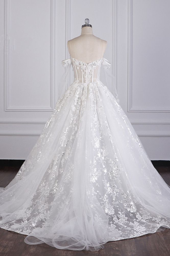 Timeless A Line Off The Shoulder White Tulle Applique Long Sleeves Long Wedding Dress GG3011