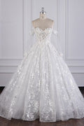 Timeless A Line Off The Shoulder White Tulle Applique Long Sleeves Long Wedding Dress GG3011