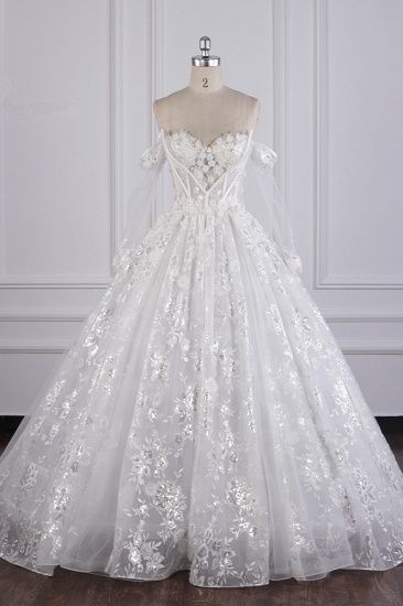 Timeless A Line Off The Shoulder White Tulle Applique Long Sleeves Long Wedding Dress GG3011