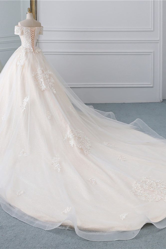 Classy Elegant A Line Off The Shoulder Light Champagne Tulle Applique With Train Short Sleeves Long Wedding Dress GG3012