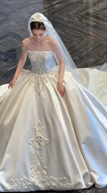 Dreamy Ball Gown White Strapless Satin Applique With Veil Long Wedding Dress GG3026