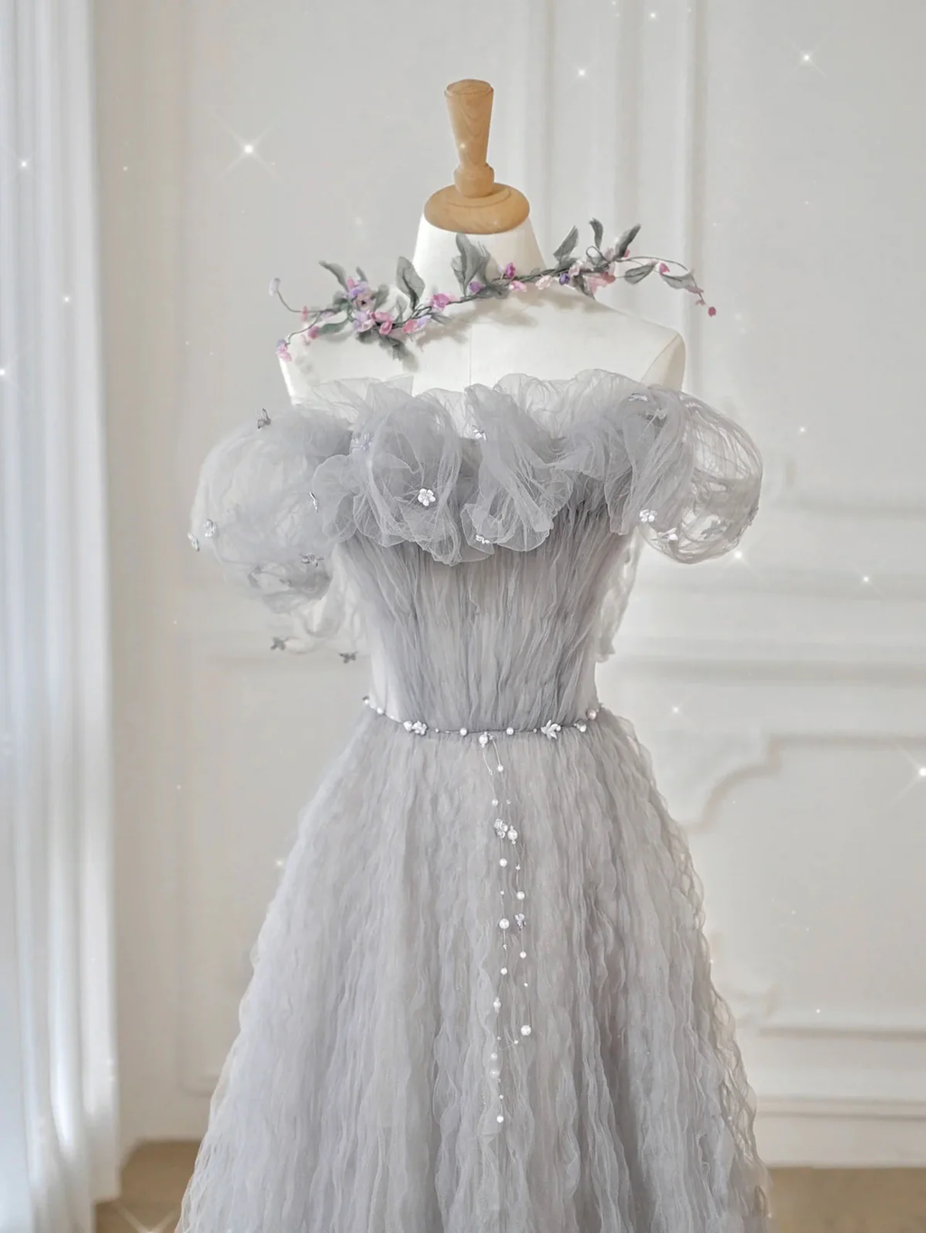 Delicate A Line Off The Shoulder Gray Tulle Floral Belt Long Prom Dress,Evening Dress GG307