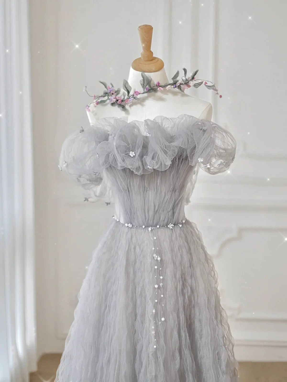 Delicate A Line Off The Shoulder Gray Tulle Floral Belt Long Prom Dress,Evening Dress GG307