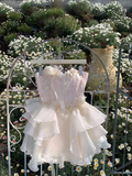 Pretty A Line Strapless Pink Satin Chiffon Applique Short Prom Dress,Homecoming Dress,Birthday Dress GG3093