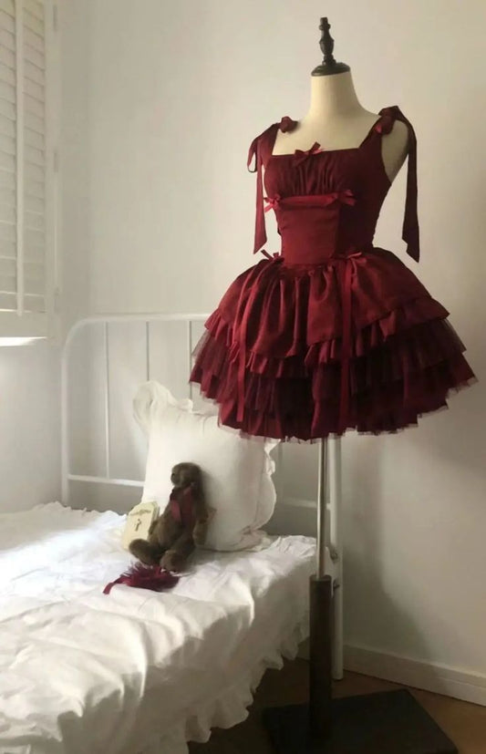 Classic Ball Gown Square Burgundy Satin Short Prom Dress,Homecoming Dress,Birthday Dress GG3103