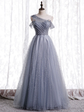 Delicate A Line One Shoulder Gray Tulle Beaded Long Prom Dress,Evening Dress GG310