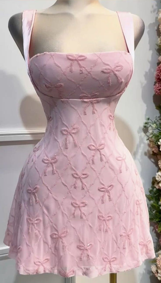 Pink A Line Square Satin Bow Short Prom Dress,Homecoming Dress,Birthday Dress GG3136