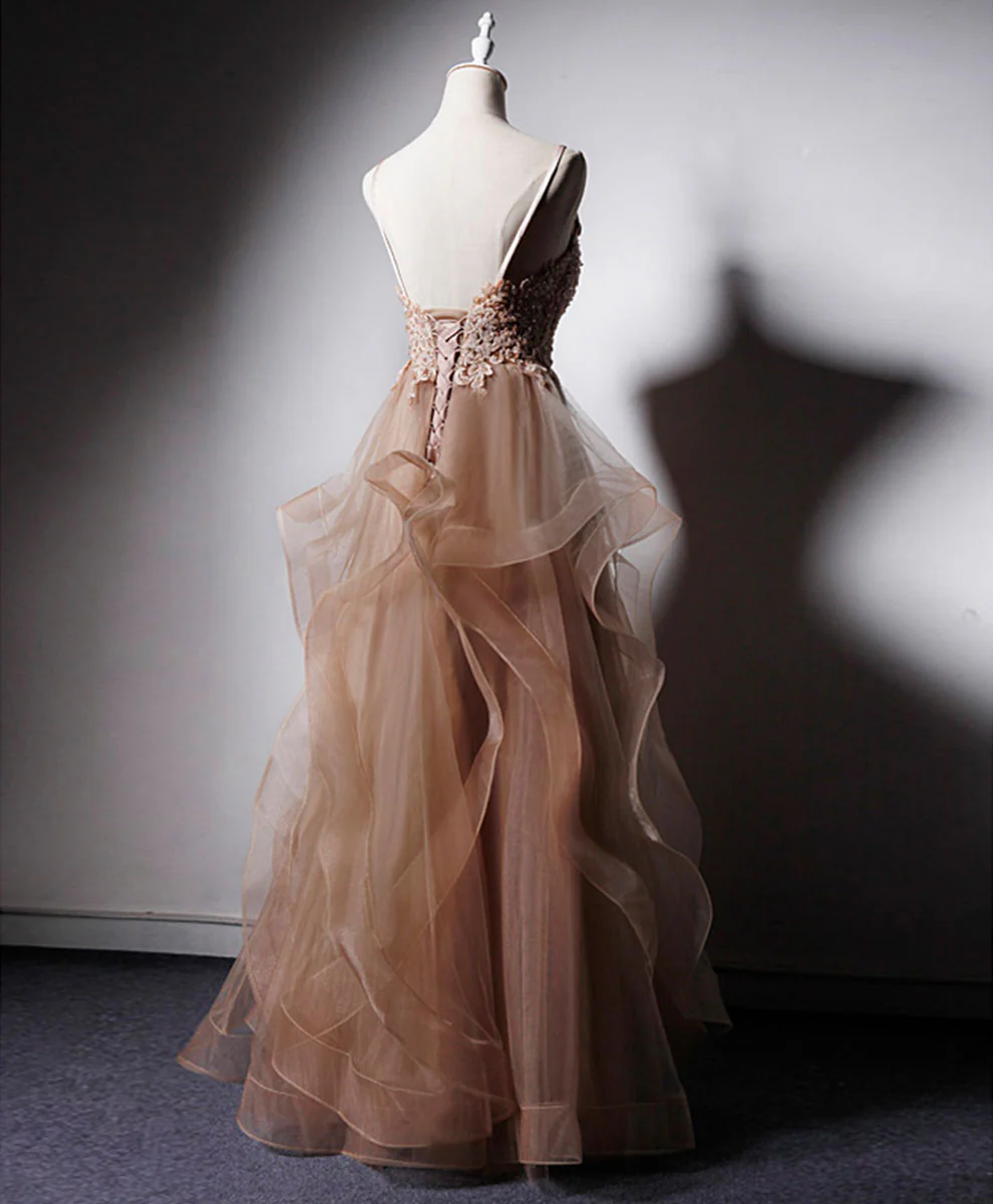 Delicate A Line Spaghetti Straps V Neck Tulle Applique Long Prom Dress,Evening Dress GG313