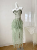 Unique A Line Strapless Satin Tulle Short Prom Dress,Homecoming Dress,Birthday Dress GG3178