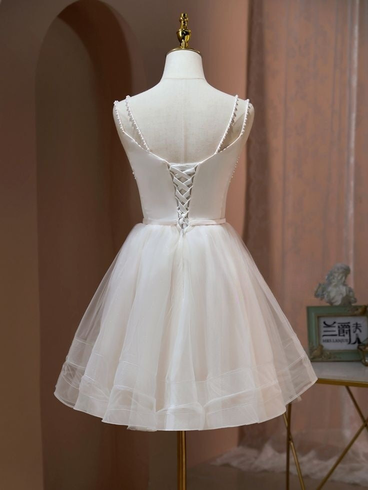 Cute A Line Spaghetti Straps Satin Tulle Beaded Short Prom Dress,Homecoming Dress,Birthday Dress GG3180