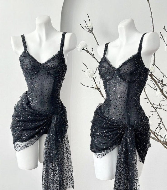 Chic A Line Spaghetti Straps Tulle Sequin Short Prom Dress,Homecoming Dress,Birthday Dress GG3189