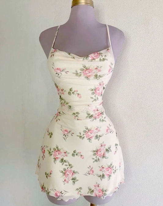 Pretty A Line Halter Straps Chiffon Floral Short Prom Dress,Homecoming Dress,Birthday Dress GG3199