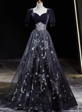 Elegant A Line Sweetheart Black Velvet Floral Tulle Short Bubble Sleeves Long Prom Dress,Evening Dress GG322