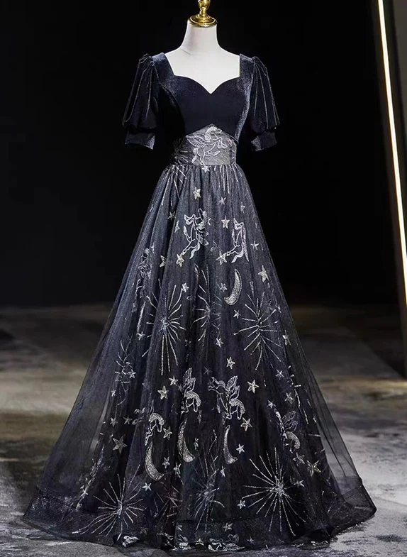 Elegant A Line Sweetheart Black Velvet Floral Tulle Short Bubble Sleeves Long Prom Dress,Evening Dress GG322