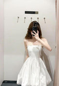 Unique A Line Spaghetti Straps White Satin Short Prom Dress,Homecoming Dress,Birthday Dress GG3259