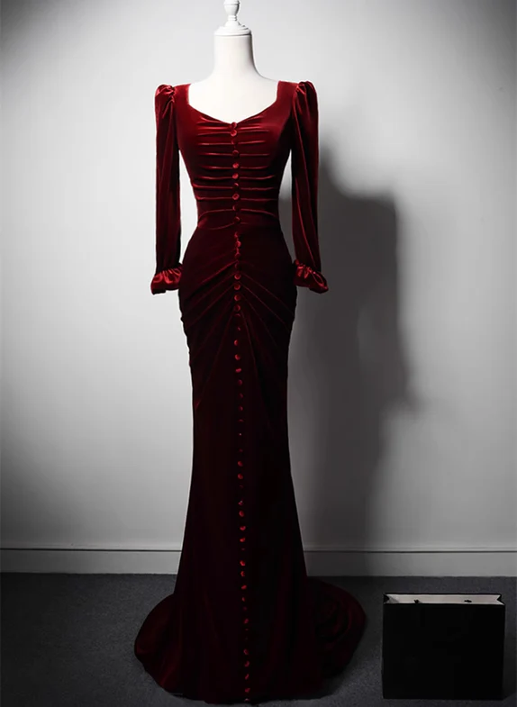 Chic Mermaid Wine Red Velvet Buttons Long Sleeves Long Prom Dress,Evening Dress GG325