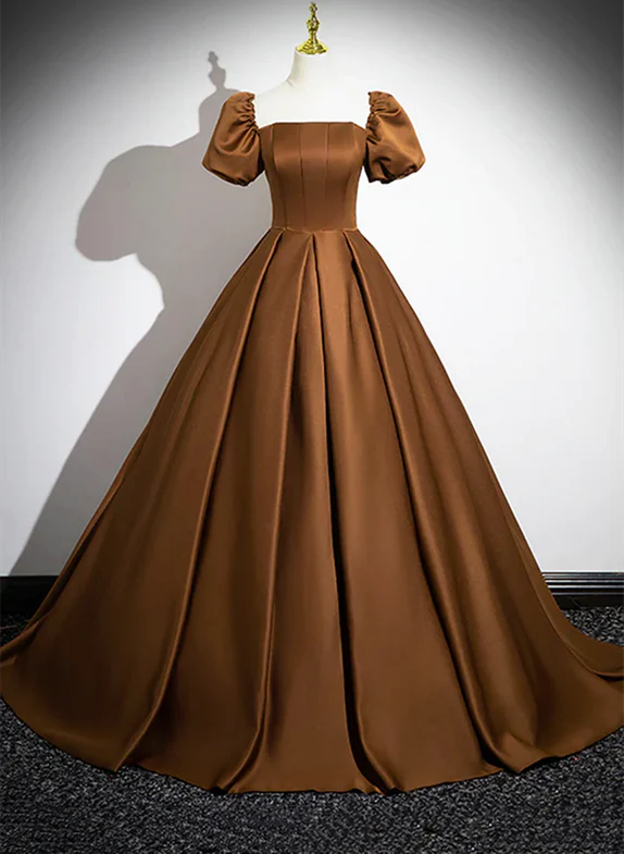 ELegant Ball Gown Square  Short Bubble Sleeves Satin Long Prom Dress,Evening Dress GG329
