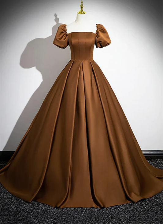 ELegant Ball Gown Square  Short Bubble Sleeves Satin Long Prom Dress,Evening Dress GG329