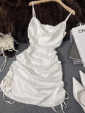 White Mermaid Spaghetti Straps Satin Short Prom Dress,Homecoming Dress,Birthday Dress GG3316
