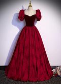 Elegant A Line Sweetheart Red Velvet Floral Satin Short Bubble Sleeves Long Prom Dress,Evening Dress GG331
