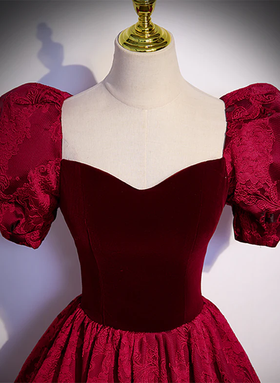 Elegant A Line Sweetheart Red Velvet Floral Satin Short Bubble Sleeves Long Prom Dress,Evening Dress GG331