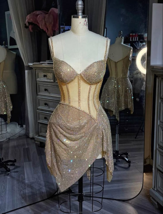 Gold Mermaid Spaghetti Straps Tulle Sequin Short Prom Dress,Homecoming Dress,Birthday Dress GG3332