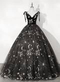 ELegant Ball Gown Spaghetti Straps Black Tulle Applique Long Prom Dress,Evening Dress GG333