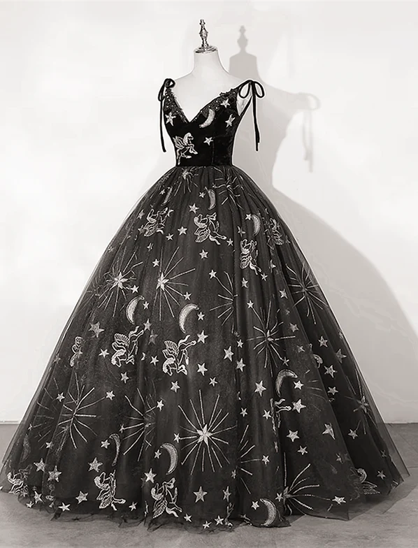ELegant Ball Gown Spaghetti Straps Black Tulle Applique Long Prom Dress,Evening Dress GG333