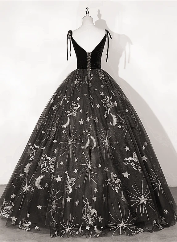 ELegant Ball Gown Spaghetti Straps Black Tulle Applique Long Prom Dress,Evening Dress GG333
