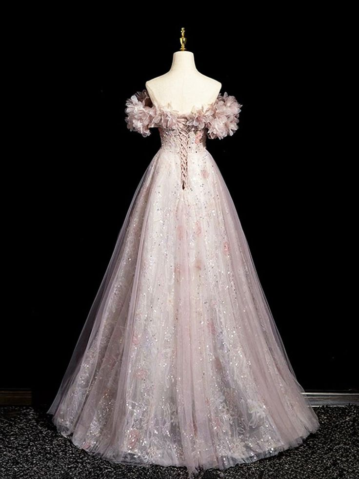 Exuisite A Line Off The Shoulder Tulle Sequins Floral Long Prom Dress,Evening Dress GG334