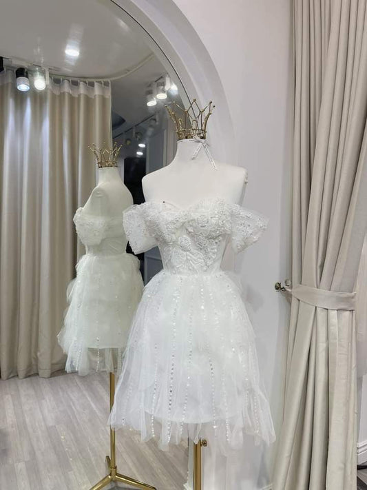 White A Line Off The Shoulder Tulle Lace Sequin Short Prom Dress,Homecoming Dress,Birthday Dress GG3359