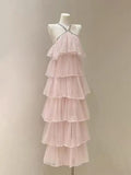 Pink A Line Halter Chiffon Tiered Long Prom Dress,Party Dress,Evening Dress GG3423
