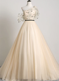 Elegant A Line One Shoulder Light Champagne Applique Tulle Long Prom Dress,Evening Dress GG345