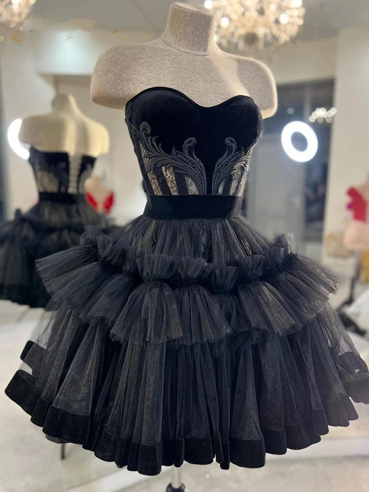 Black Ball Gown Strapless Satin Tulle Short Prom Dress,Homecoming Dress,Birthday Dress GG3470