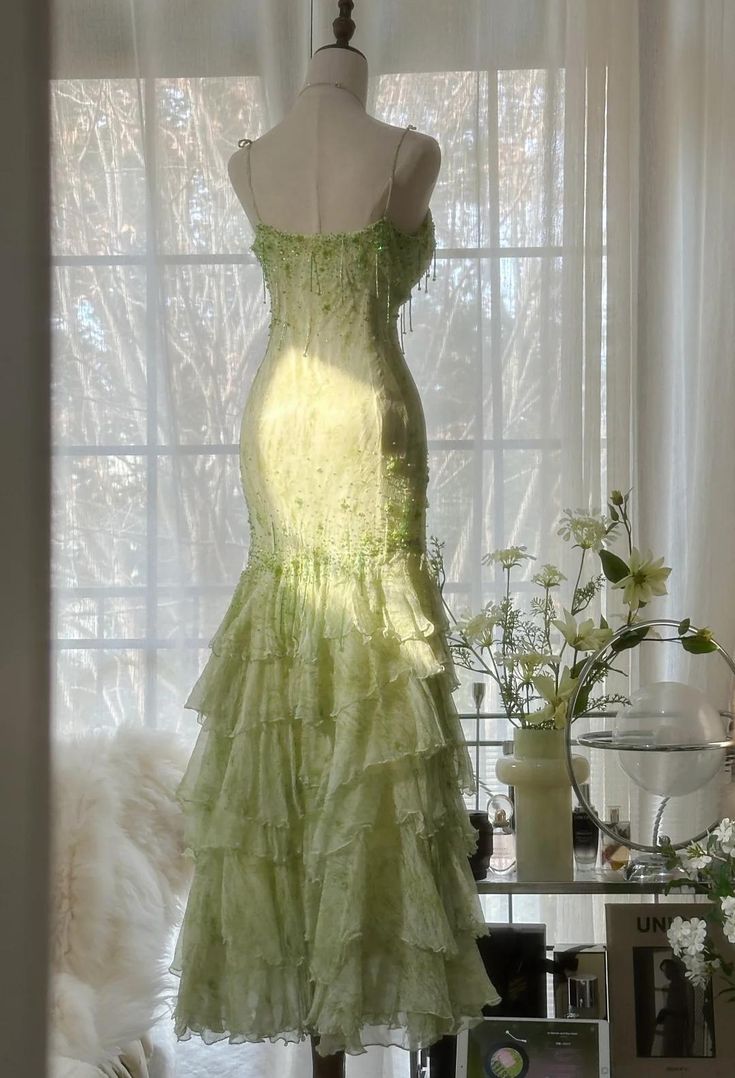 Chic Mermaid Spaghetti Straps Green Satin Chiffon Beaded Long Prom Dress,Party Dress,Evening Dress GG3472