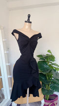 Elegant Mermaid Off The Shoulder Black Satin Short Prom Dress,Homecoming Dress,Birthday Dress GG3480