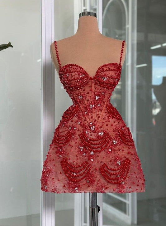Red A Line Spaghetti Straps Satin Sequin Beads Short Prom Dress,Homecoming Dress,Birthday Dress GG3498