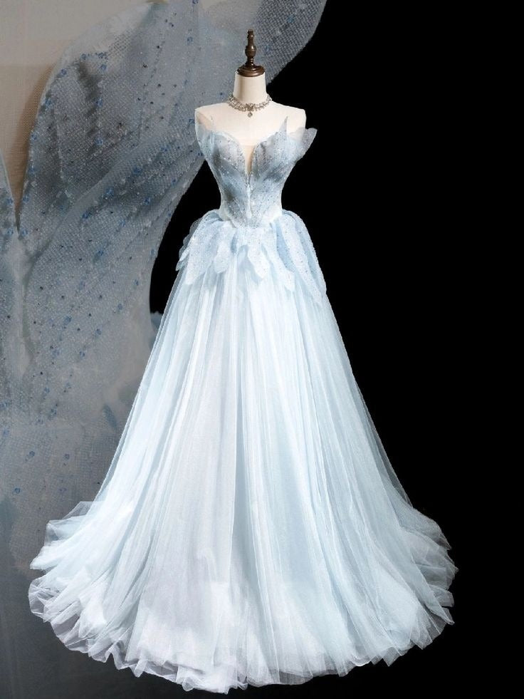 Stunning A Line Strapless Tulle Sequin Beads Long Prom Dress,Party Dress,Evening Dress GG3507