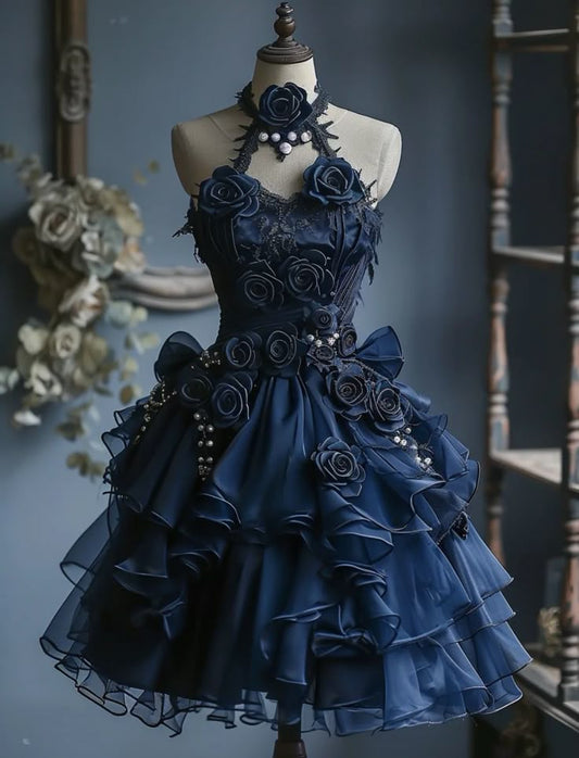 Vintage Ball Gown Halter Satin Chiffon Flower Short Prom Dress,Homecoming Dress,Birthday Dress GG3517