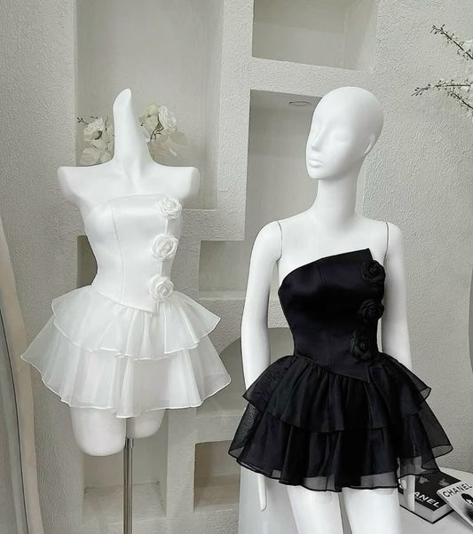 Cute A Line Strapless Satin Chiffon Flowers Short Prom Dress,Homecoming Dress,Birthday Dress GG3535