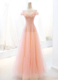 Elegant A Line Peach Off The Shoulder Sweetheart Tulle Sequin Long Prom Dress,Evening Dress GG354