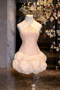 Cute Pink A Line Halter Satin Sequin Short Prom Dress,Homecoming Dress,16th Birthday Dress GG3550