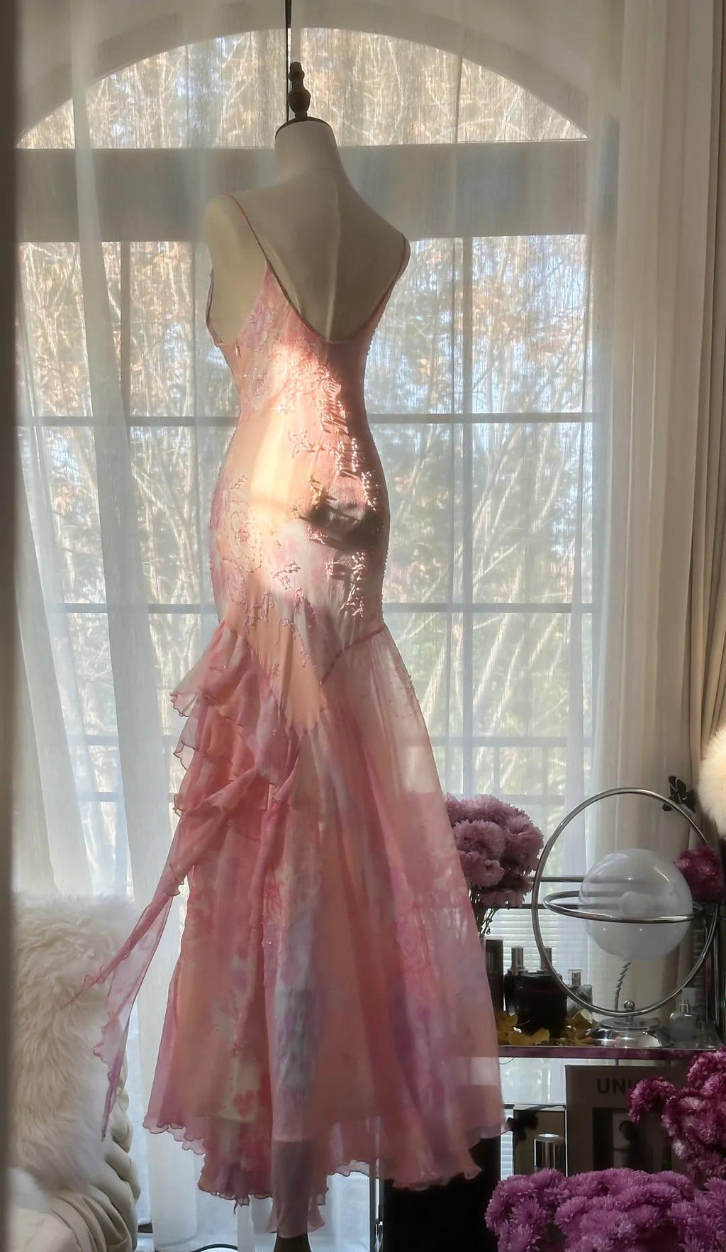 Gorgeous Mermaid Spaghetti Straps Satin Chiffon Printed Beads Long Prom Dress,Party Dress,Evening Dress GG3568