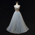 Elegant A Line Blue Tulle with Flowers Straps Long Prom Dress,Evening Dress GG356
