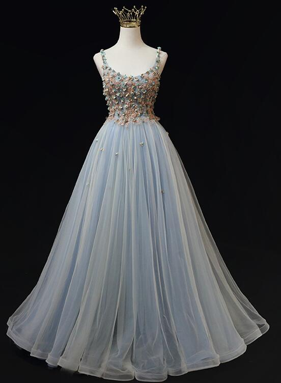 Elegant A Line Blue Tulle with Flowers Straps Long Prom Dress,Evening Dress GG356