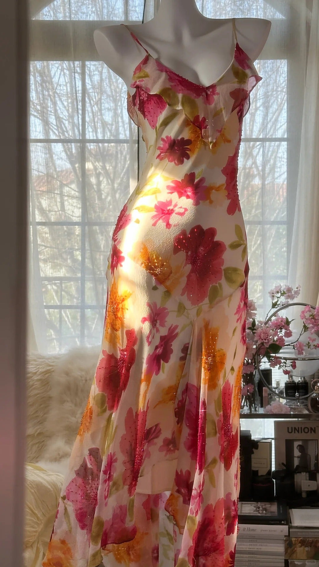 Unique Mermaid Spaghetti Straps Satin Chiffon Printed Flowers Beads Long Prom Dress,Party Dress,Evening Dress GG3570