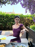 Mermaid One Shoulder Purple Satin Pleated Short Prom Dress,Homecoming Dress,20th Birthday Dress GG3657